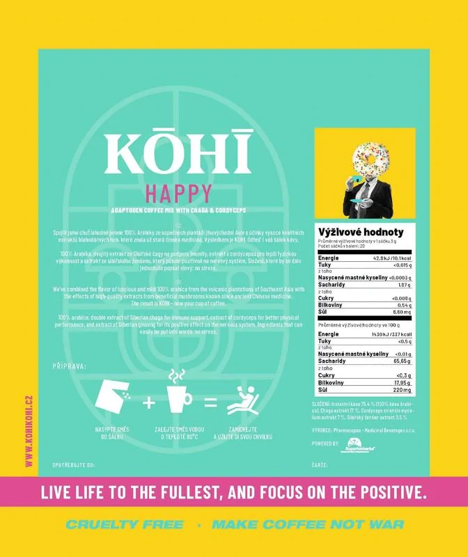 KOHI-HAPPY, káva so sibírskou čagou, cordycepsom a sibírskym ženšenom, 20 vrecúšok, Superionherbs