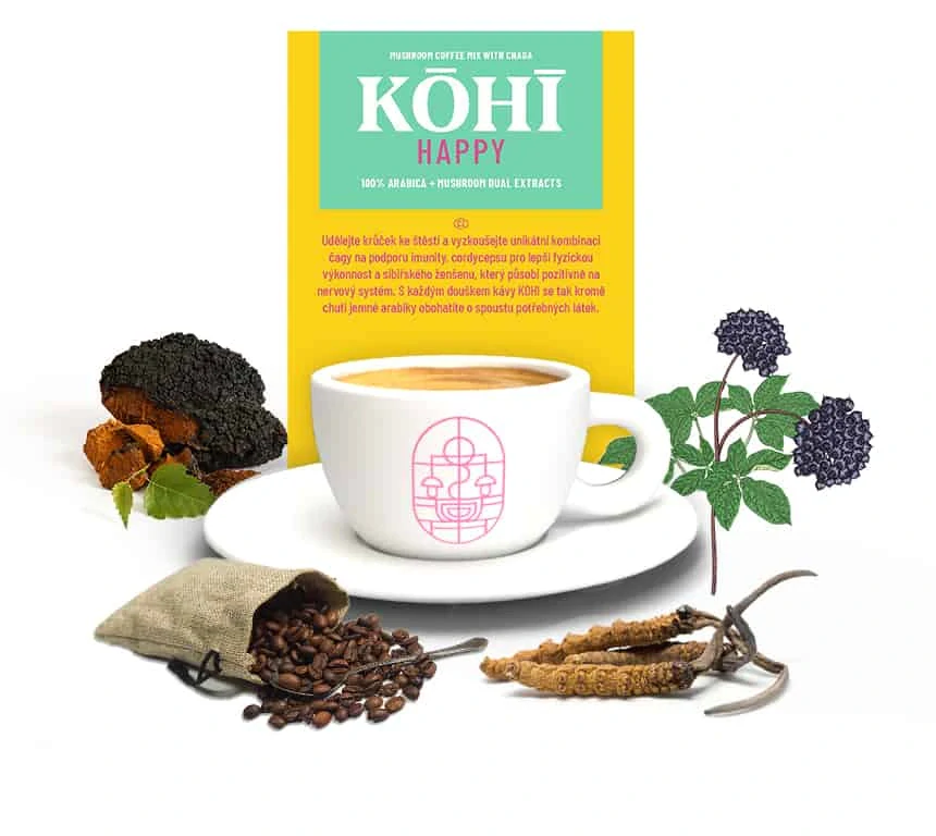 KOHI-HAPPY, káva so sibírskou čagou, cordycepsom a sibírskym ženšenom, 20 vrecúšok, Superionherbs